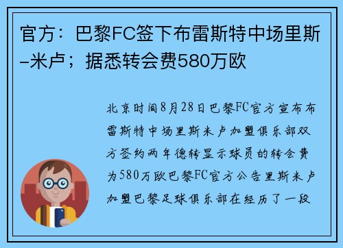 官方：巴黎FC签下布雷斯特中场里斯-米卢；据悉转会费580万欧